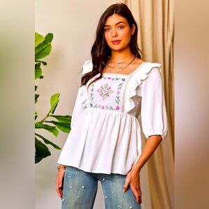 DAVI & DANI TEXTURE TIE BACK FLORAL EMBROIDERY FRILL BLOUSE